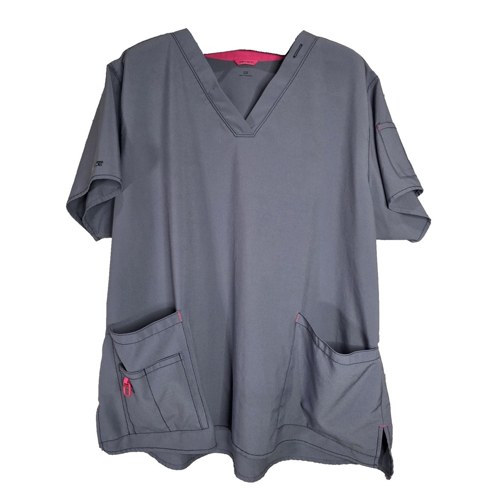 Carhartt FORCE Womens Scrub Top Gray Pink V-Neck Medical Uniform 2X C12110